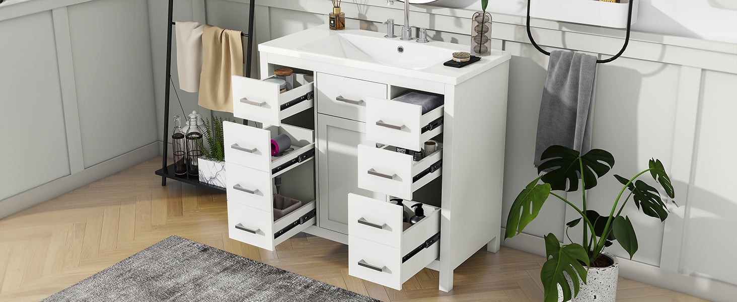 36 Inch Modern Bathroom Vanity Cabinet With Multifunctional Storage Space 5 Drawers And 1 Door White Solid Wood Mdf Resin