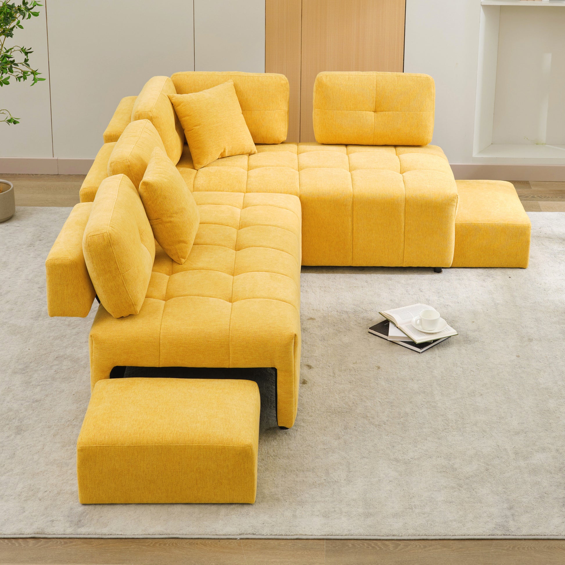 91.73" L Shaped Sofa Sectional Sofa Couch With 2 Stools And 2 Lumbar Pillows For Living Room, Yellow Yellow Chenille