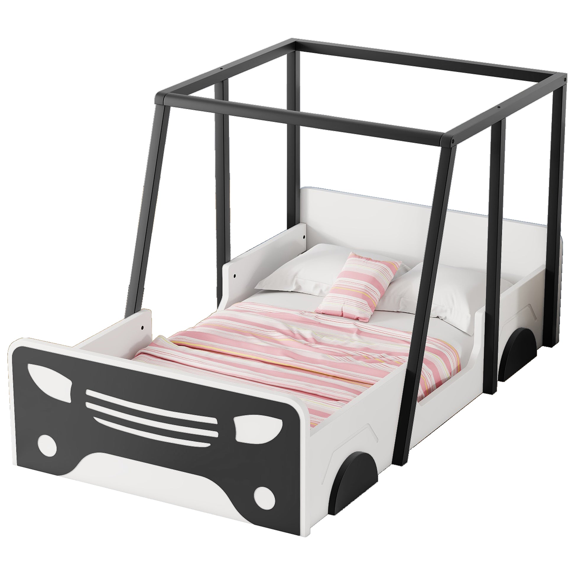 Twin Size Car Shaped Bed With Roof,Wooden Twin Floor Bed With Wheels And Door Design,Montessori Inspired Bedroom,Black Twin Black American Design Pine