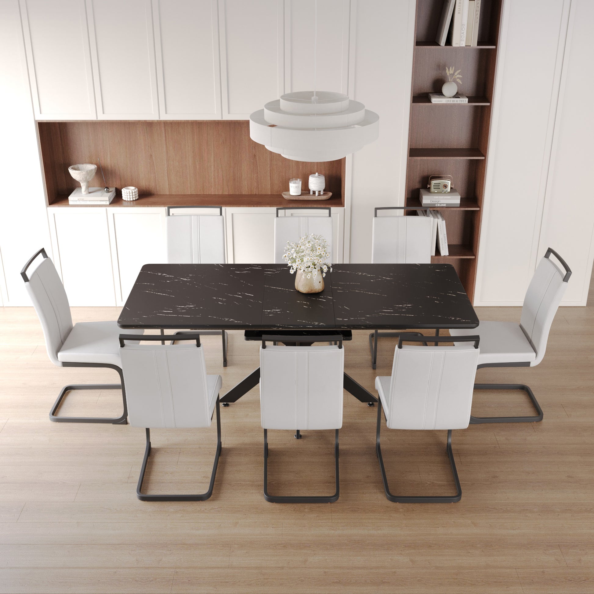 Extendable Dining Table Table Set For 6 8 Person For Dining Room,C Shaped Tube Soft Padded Armless Dining Chairs And Very Large Dining Room Table Kitchen Table Chair Set With Metal Legs Black White Mdf Metal