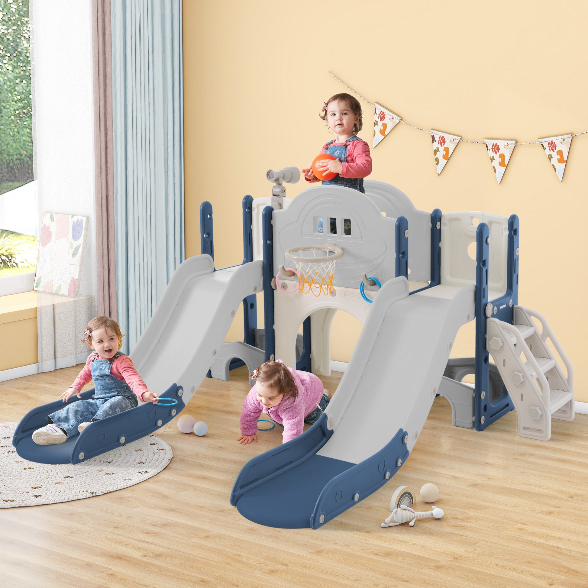 Kids Slide Playset Structure 7 In 1, Freestanding Space Set With Slide, Arch Tunnel, Ring Toss And Basketball Hoop,Double Slides For Toddlers, Kids Climbers Playground Blue Grey Hdpe