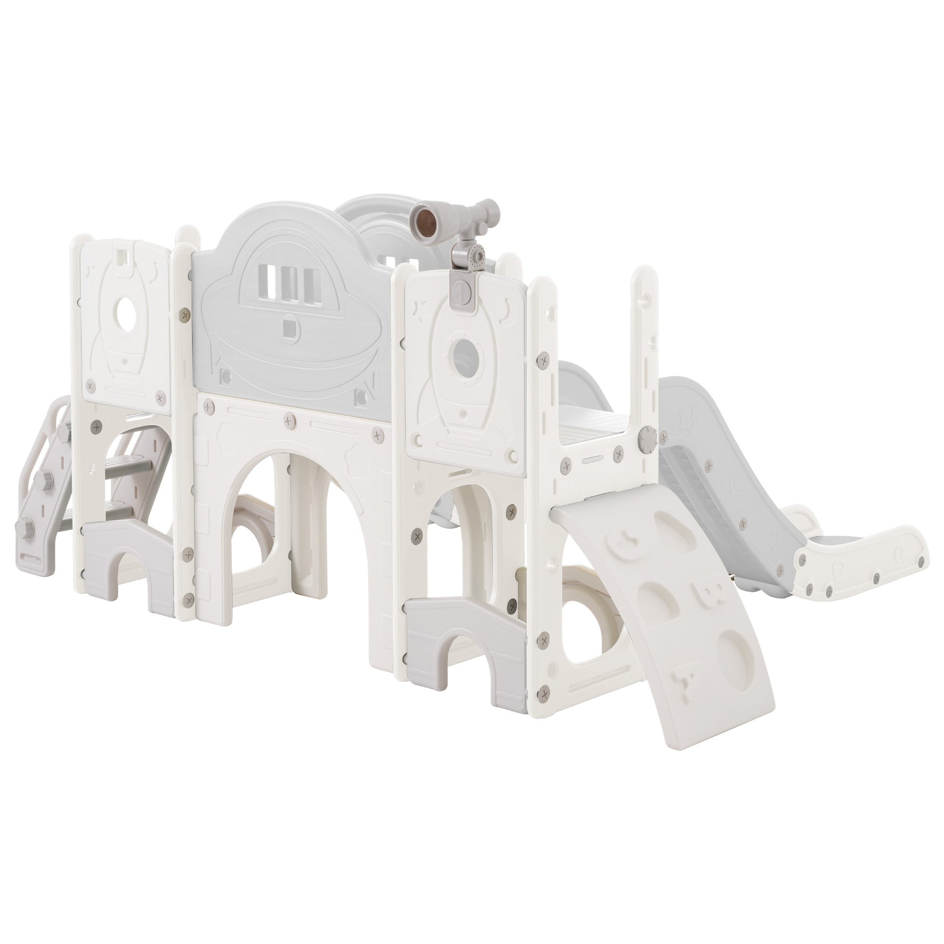 Kids Slide Playset Structure 7 In 1, Freestanding Space Set With Slide, Arch Tunnel, Ring Toss And Basketball Hoop,Double Slides For Toddlers, Kids Climbers Playground Grey White Hdpe
