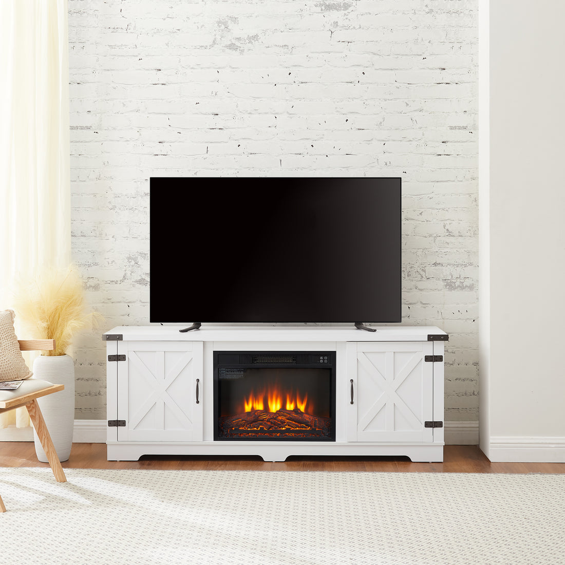 Modern Farmhouse Tv Media Stand, Large Barn Inspired Home Entertainment Console, With 23" Fireplace Insert, For Tv Up To 70'', With Open Shelves And Closed Cabinets, White, 64.8"W*15.67"D*24.29"H White 60 69 Inches 70 Inches Mdf