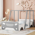 Twin Size Car Shaped Bed With Roof,Wooden Twin Floor Bed With Wheels And Door Design,Montessori Inspired Bedroom,Grey Twin Grey American Design Pine