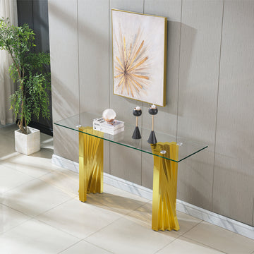 Tempered Glass Top Console Table With Gold Mirror Finish Stainless Steel Base Gold Tempered Glass