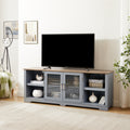 Modern Farmhouse Tv Media Stand, Large Home Entertainment Console, For Tv Up To 80'', With Open Shelves And Glass Door Cabinets, Light Blue And Light Oak, 70