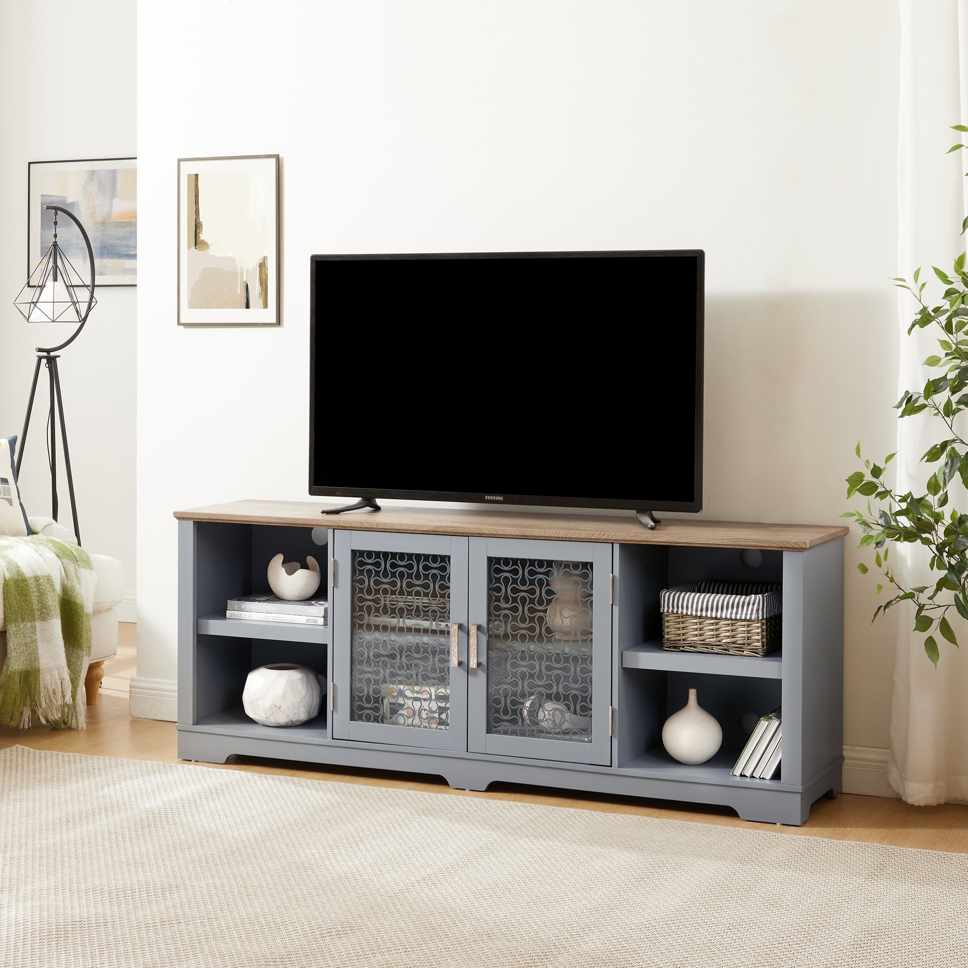 Modern Farmhouse Tv Media Stand, Large Home Entertainment Console, For Tv Up To 80'', With Open Shelves And Glass Door Cabinets, Light Blue And Light Oak, 70"W*15.55"D*26.85"H Light Blue 70 79 Inches 80 Inches Mdf