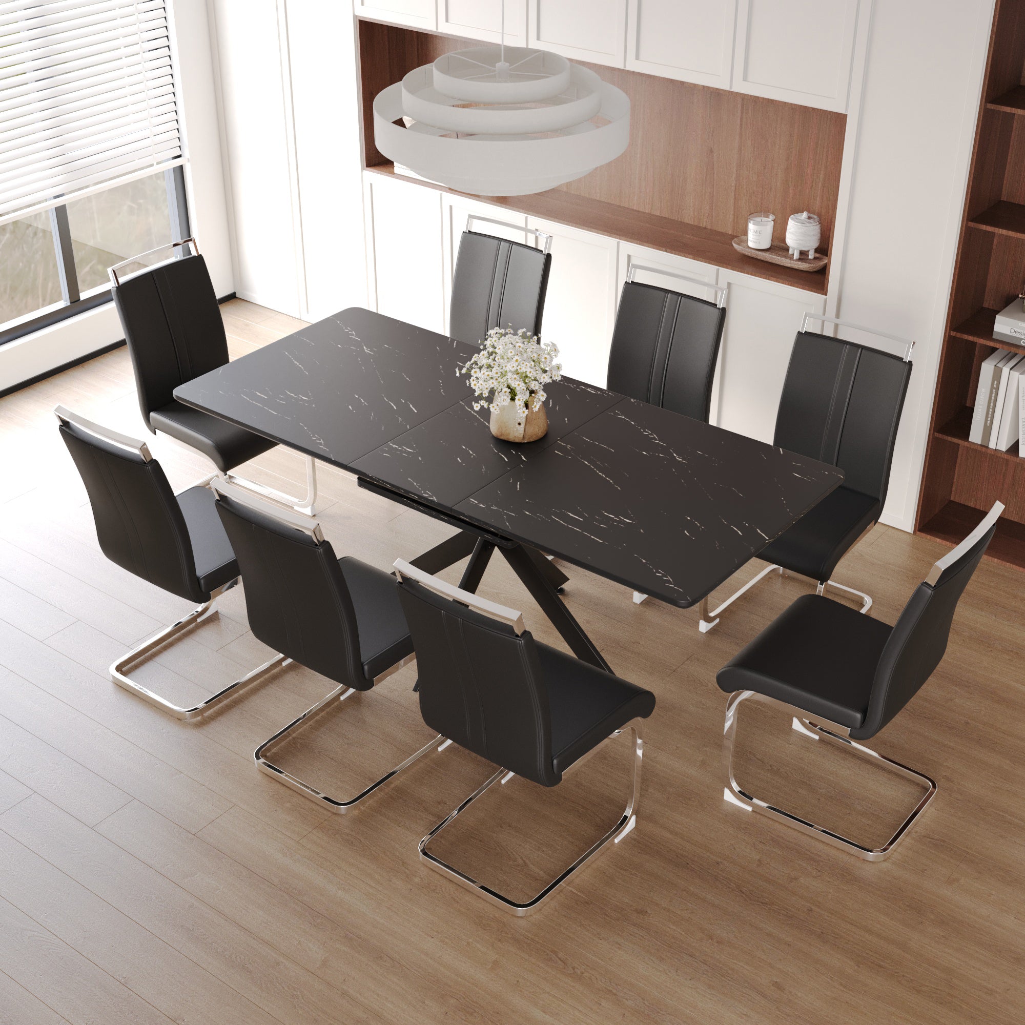 62.4" Extendable 78.15" Dining Table Set For 6 8 Person For Dining Room,C Shaped Tube Soft Padded Armless Dining Chair And Very Large Dining Room Table Kitchen Table Chair Set With Metal Legs Black