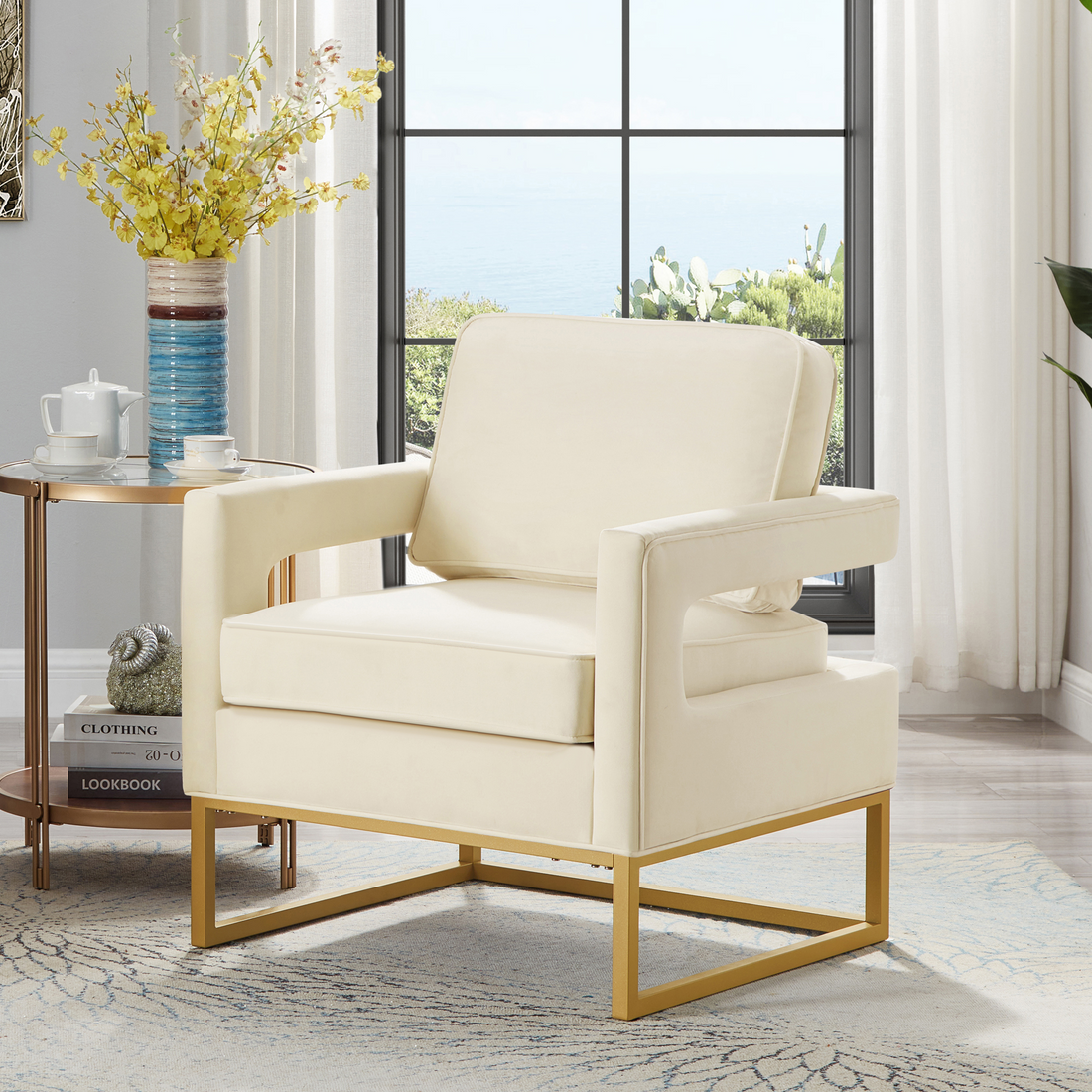 Modern Style Accent Chair With Gold Metal Basevelvet Upholstered Leisure Chair With Open Armrest, Armchair, Cream Cream Primary Living Space Modern Foam Velvet