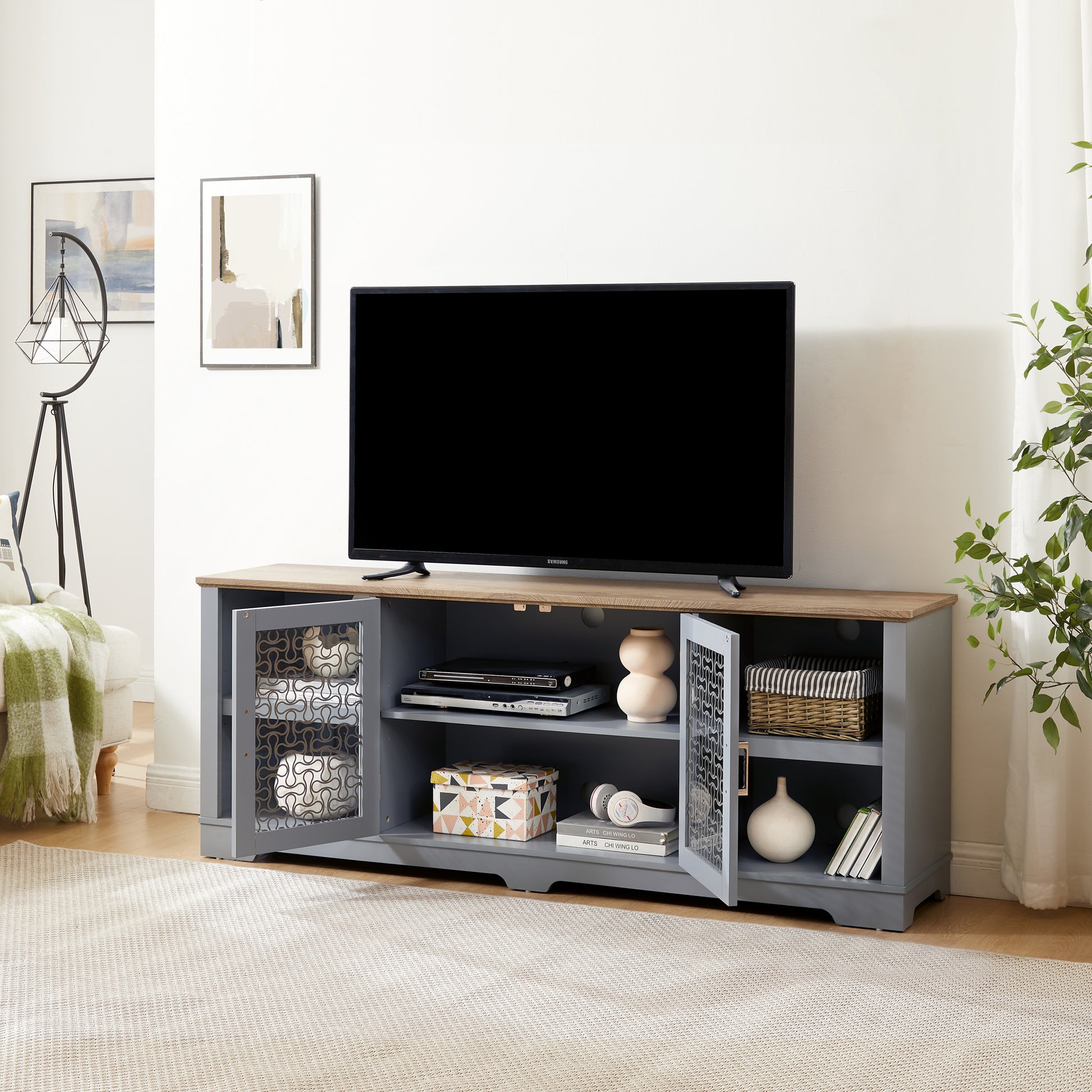 Modern Farmhouse Tv Media Stand, Large Home Entertainment Console, For Tv Up To 80'', With Open Shelves And Glass Door Cabinets, Light Blue And Light Oak, 70"W*15.55"D*26.85"H Light Blue 70 79 Inches 80 Inches Mdf