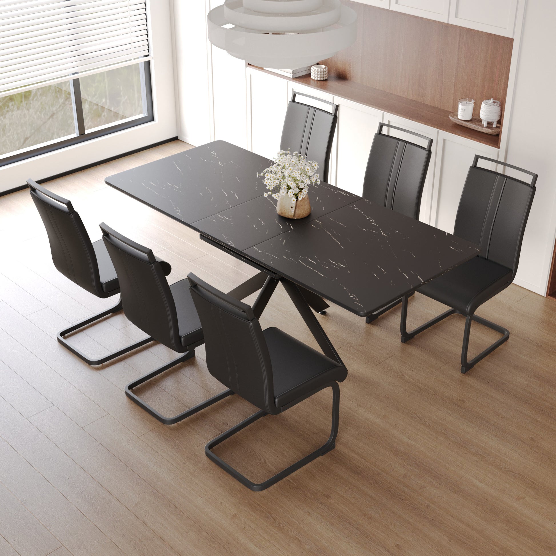 Extendable Dining Table Table Set For 6 8 Person For Dining Room,C Shaped Tube Soft Padded Armless Dining Chairs And Very Large Dining Room Table Kitchen Table Chair Set With Metal Legs Black Mdf Metal