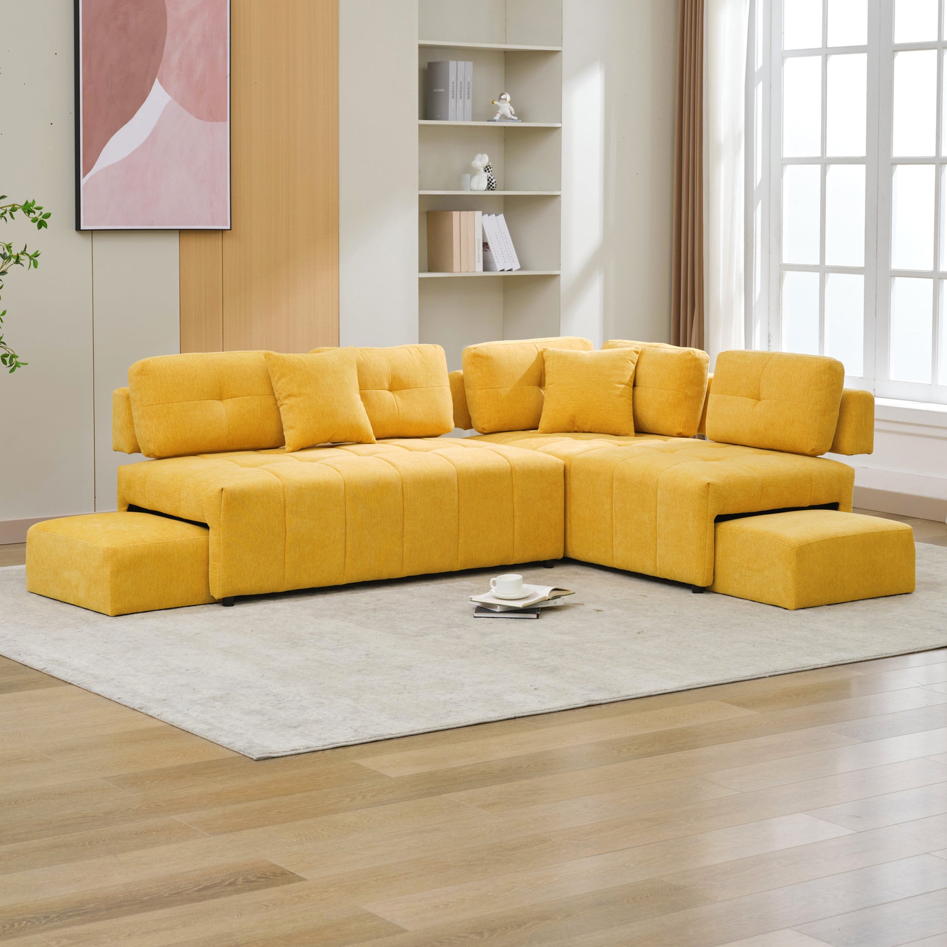 91.73" L Shaped Sofa Sectional Sofa Couch With 2 Stools And 2 Lumbar Pillows For Living Room, Yellow Yellow Chenille