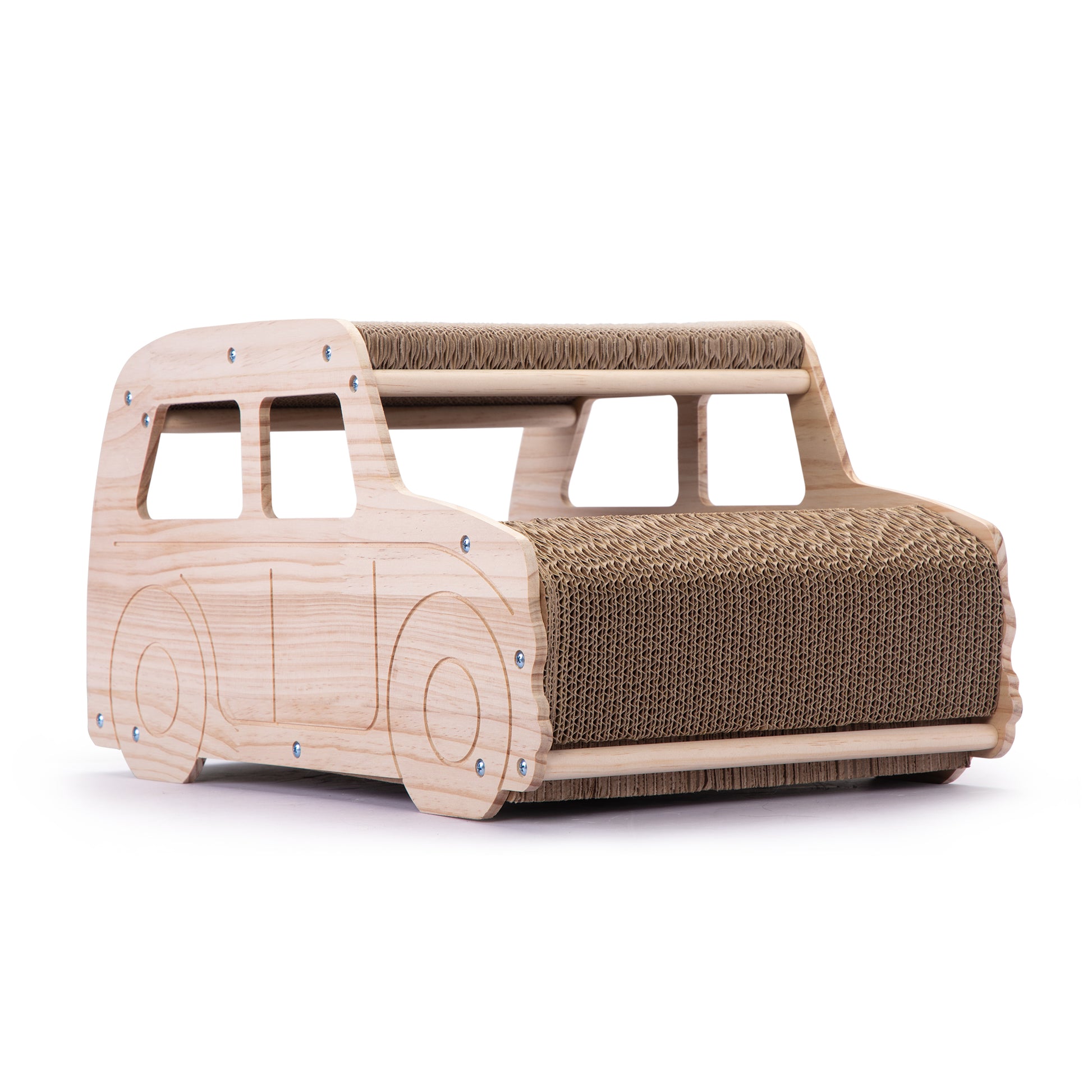 2 In 1 Wood Corrugate Cat Scratcher, Cardboard Cat House, Reversible Car Shaped Scratch Furniture Protector Natural Wood