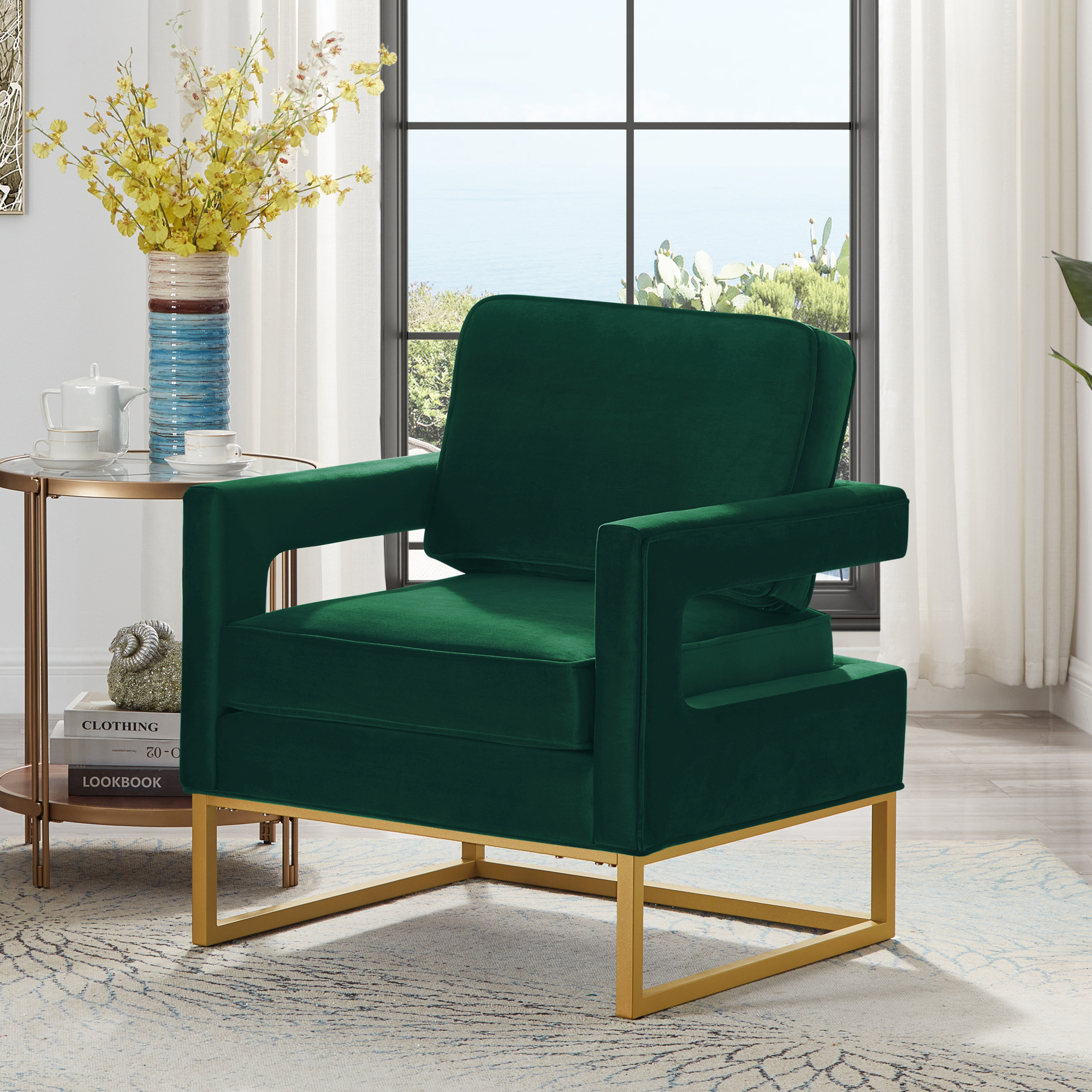 Modern Style Accent Chair With Gold Metal Basevelvet Upholstered Leisu
