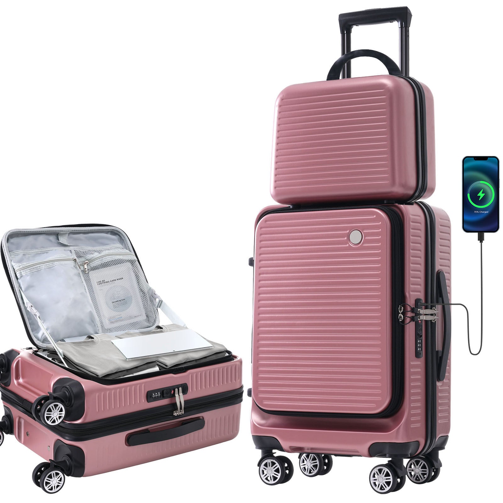Carry on Luggage 20 Inch Front Open Luggage rose gold-abs
