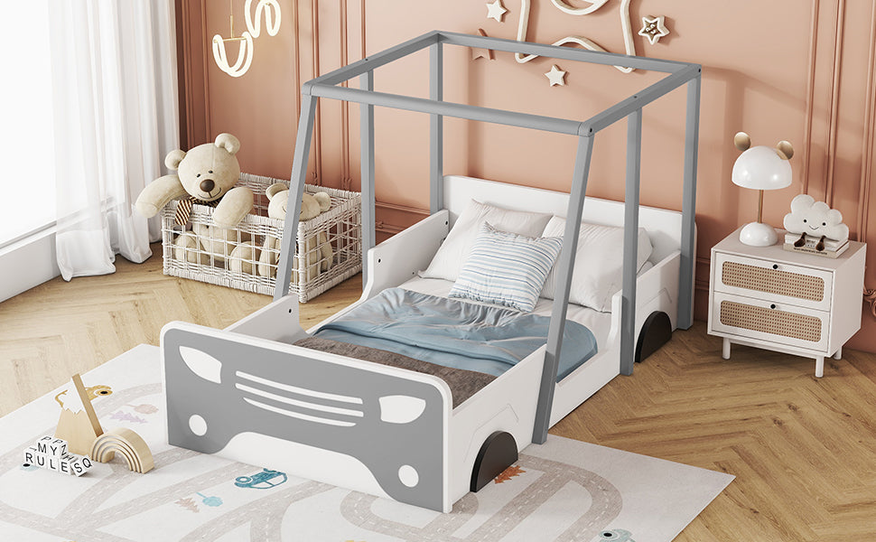 Twin Size Car Shaped Bed With Roof,Wooden Twin Floor Bed With Wheels And Door Design,Montessori Inspired Bedroom,Grey Twin Grey American Design Pine