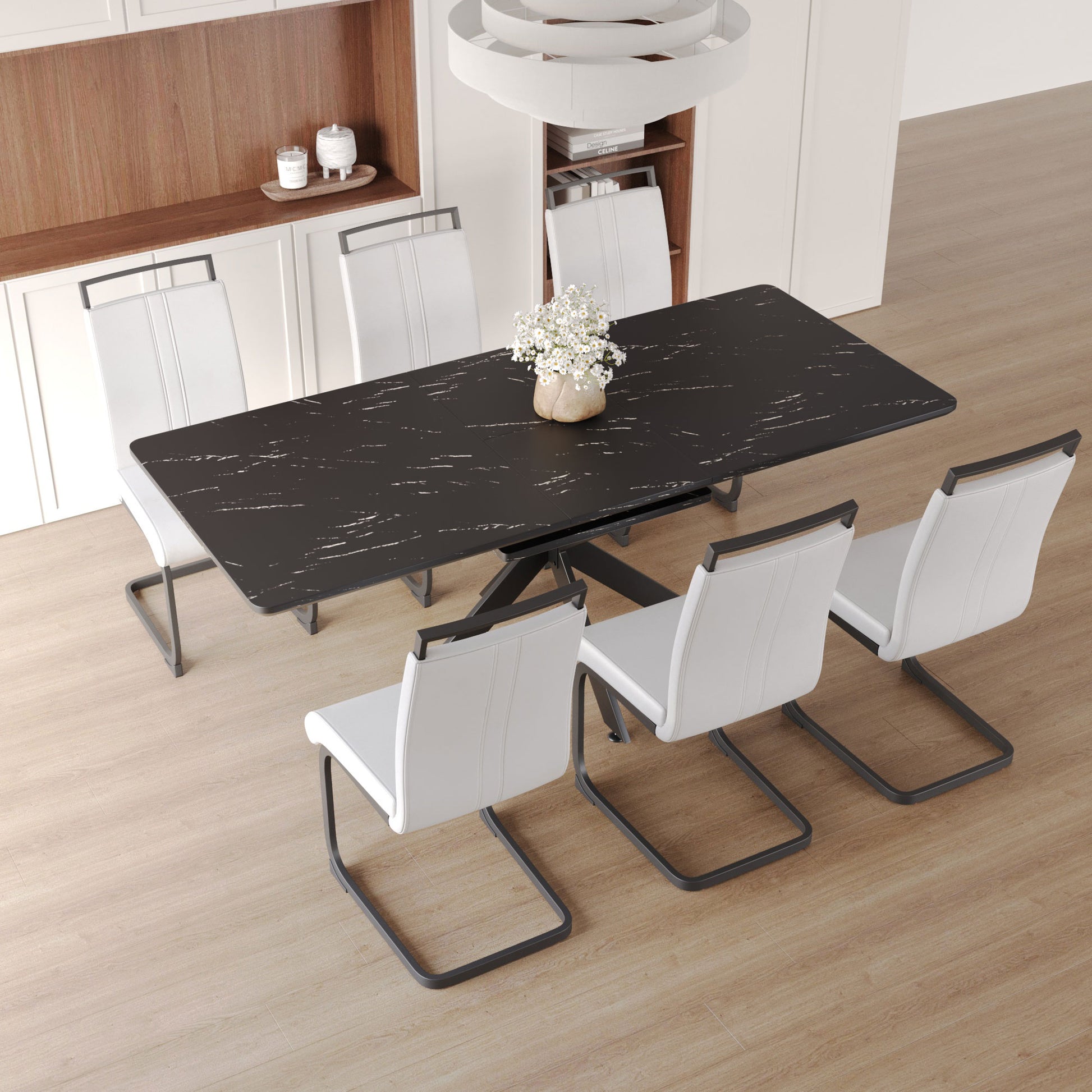 Extendable Dining Table Table Set For 6 8 Person For Dining Room,C Shaped Tube Soft Padded Armless Dining Chairs And Very Elarge Dining Room Table Kitchen Table Chair Set With Metal Legs Black White Mdf Metal