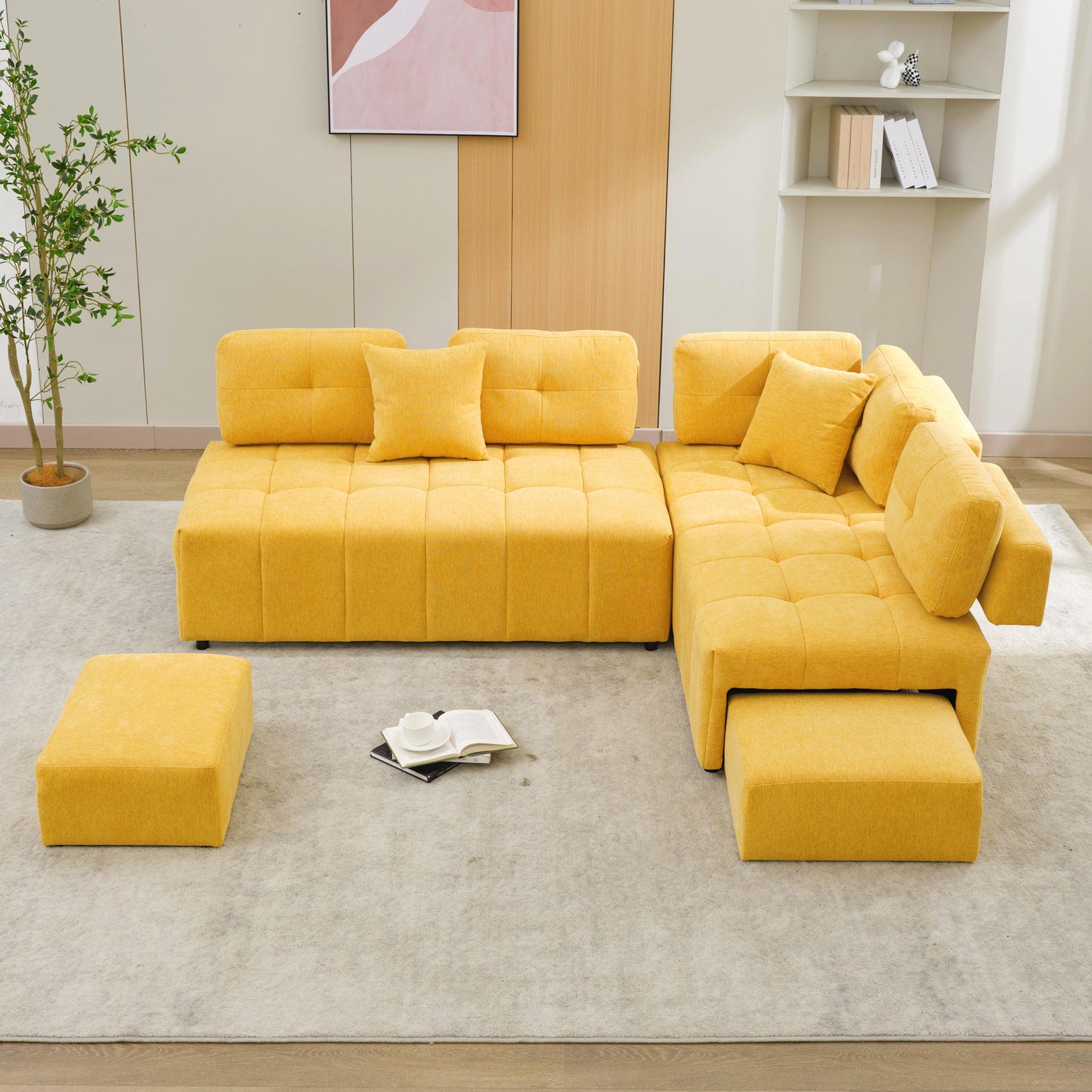 91.73" L Shaped Sofa Sectional Sofa Couch With 2 Stools And 2 Lumbar Pillows For Living Room, Yellow Yellow Chenille