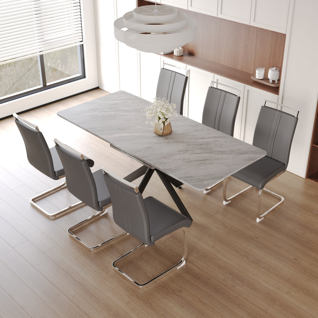 62.4" Extendable 78.15" Dining Table Set For 6 8 Person For Dining Room,C Shaped Tube Soft Padded Armless Dining Chair And Very Large Dining Room Table Kitchen Table Chair Set With Metal Legs Grey