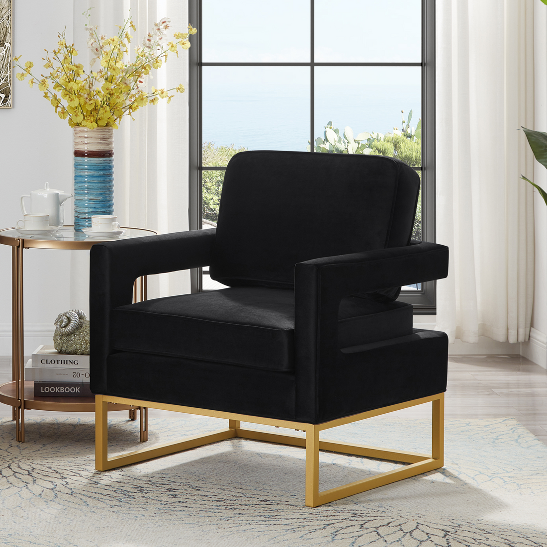 Modern Style Accent Chair With Gold Metal Basevelvet Upholstered Leisure Chair With Open Armrest, Armchair, Black Black Primary Living Space Modern Foam Velvet