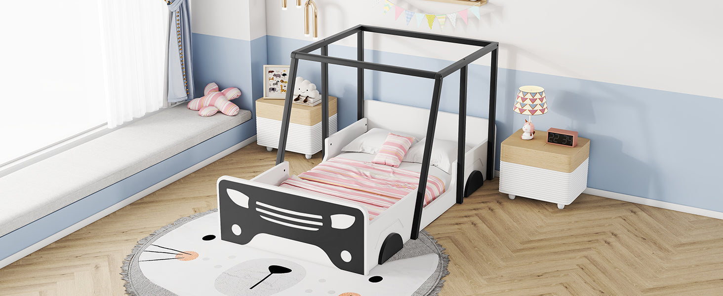 Twin Size Car Shaped Bed With Roof,Wooden Twin Floor Bed With Wheels And Door Design,Montessori Inspired Bedroom,Black Twin Black American Design Pine