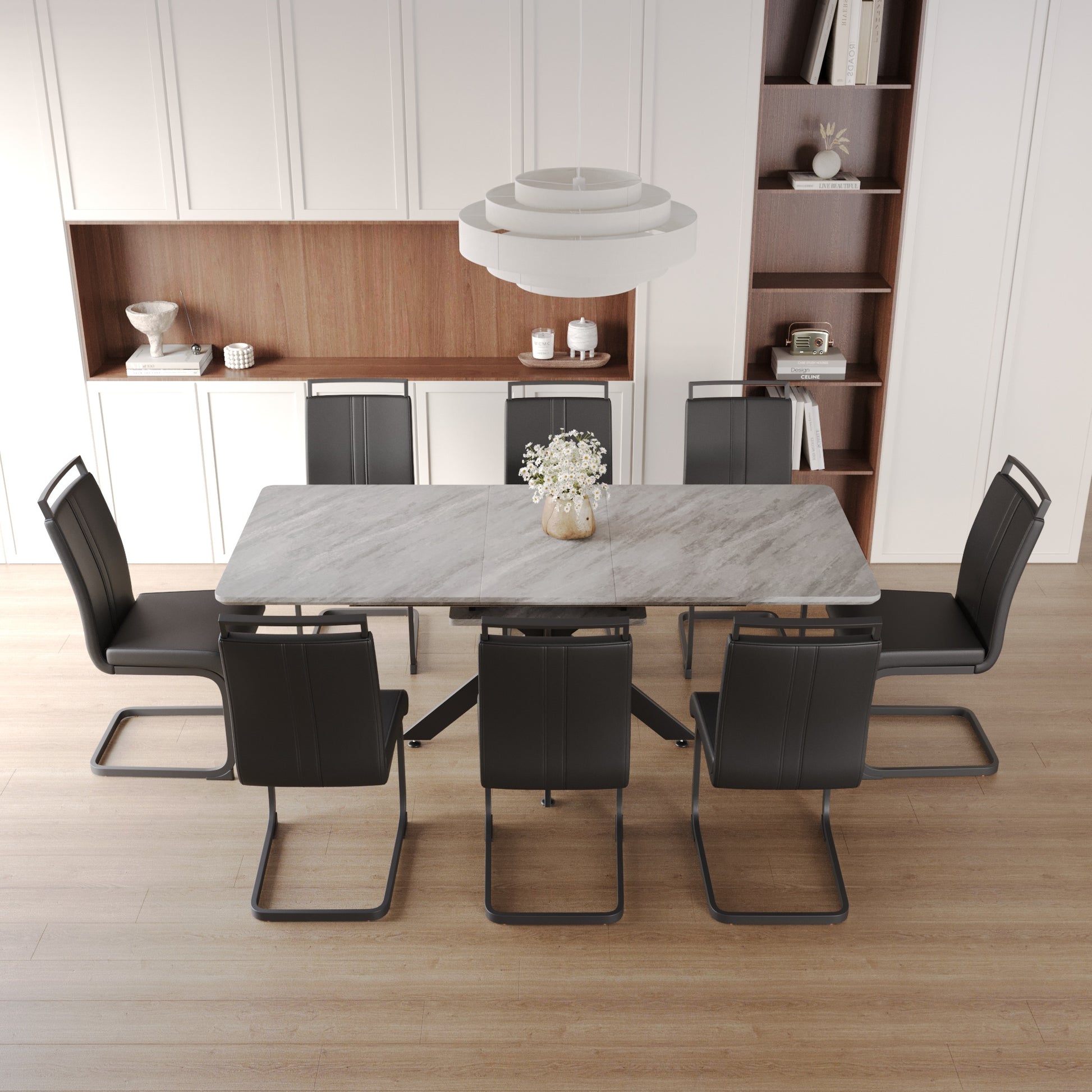 Scalable Dining Table Table Set For 6 8 Person For Dining Room,C Shaped Tube Soft Padded Armless Dining Chairs And Very Large Dining Room Table Kitchen Table Chair Set With Metal Legs Black Gray Mdf Metal