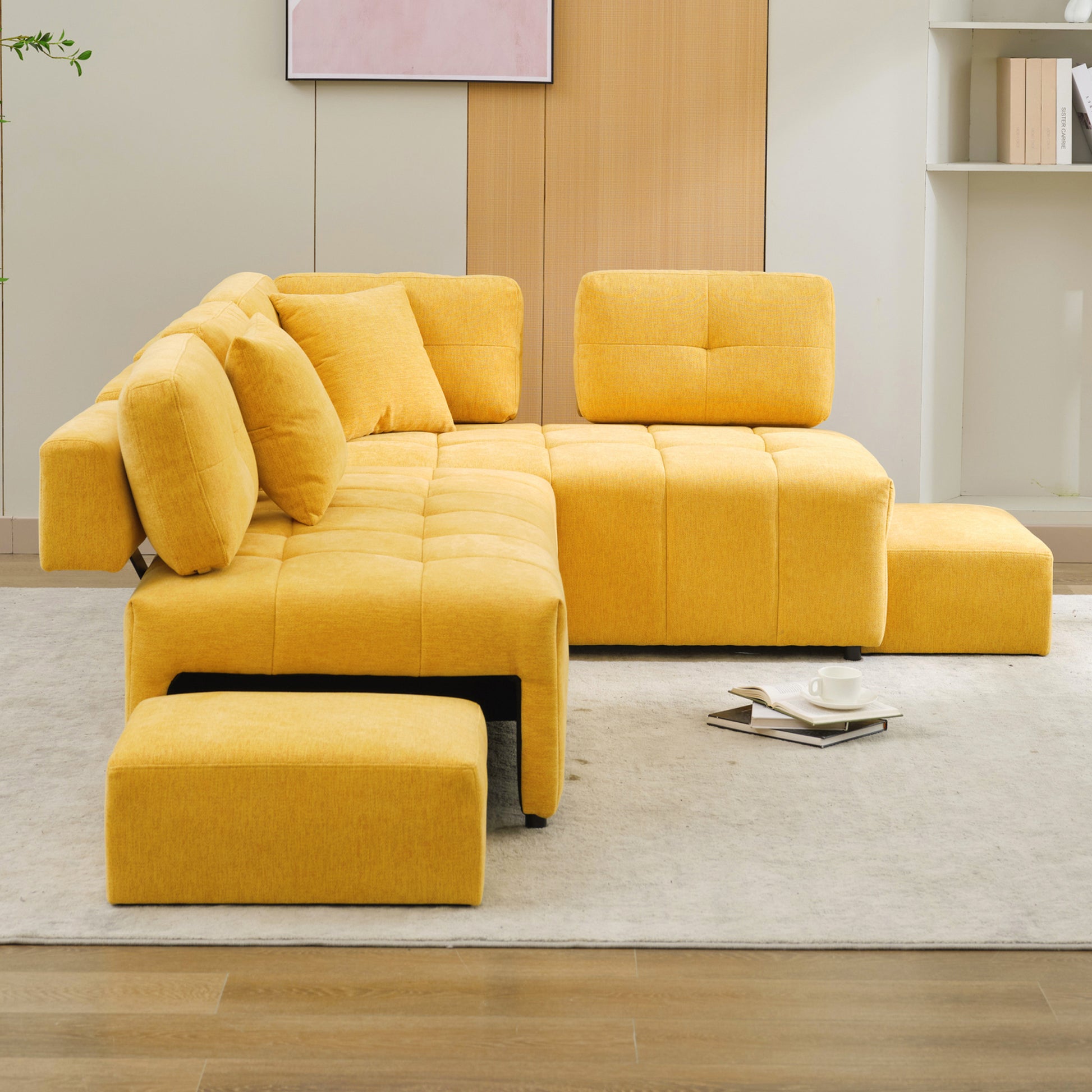 91.73" L Shaped Sofa Sectional Sofa Couch With 2 Stools And 2 Lumbar Pillows For Living Room, Yellow Yellow Chenille