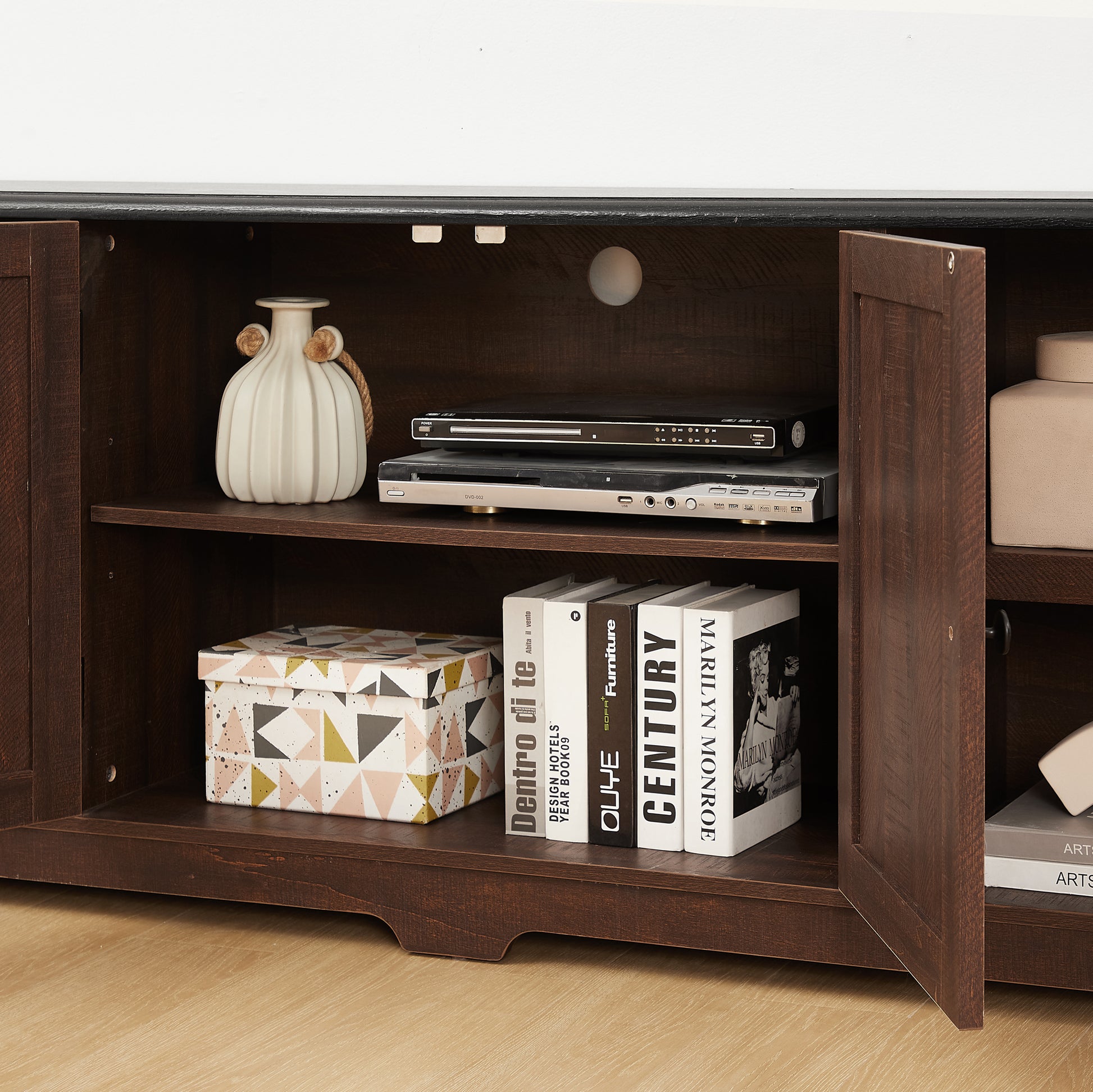 Modern Farmhouse Tv Media Stand, Large Barn Inspired Home Entertainment Console, For Tv Up To 80'', With Open Shelves And Closed Cabinets, Espresso And Black, 70"W*15.55"D*26.89"H Espresso 70 79 Inches 80 Inches Mdf