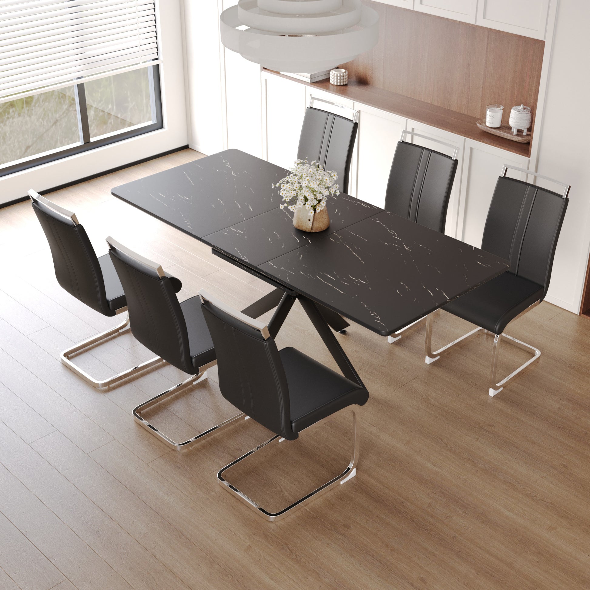 extensible Dining Table Table Set for 6 8 Person for black-mdf+metal