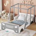 Twin Size Car Shaped Bed With Roof,Wooden Twin Floor Bed With Wheels And Door Design,Montessori Inspired Bedroom,Grey Twin Grey American Design Pine