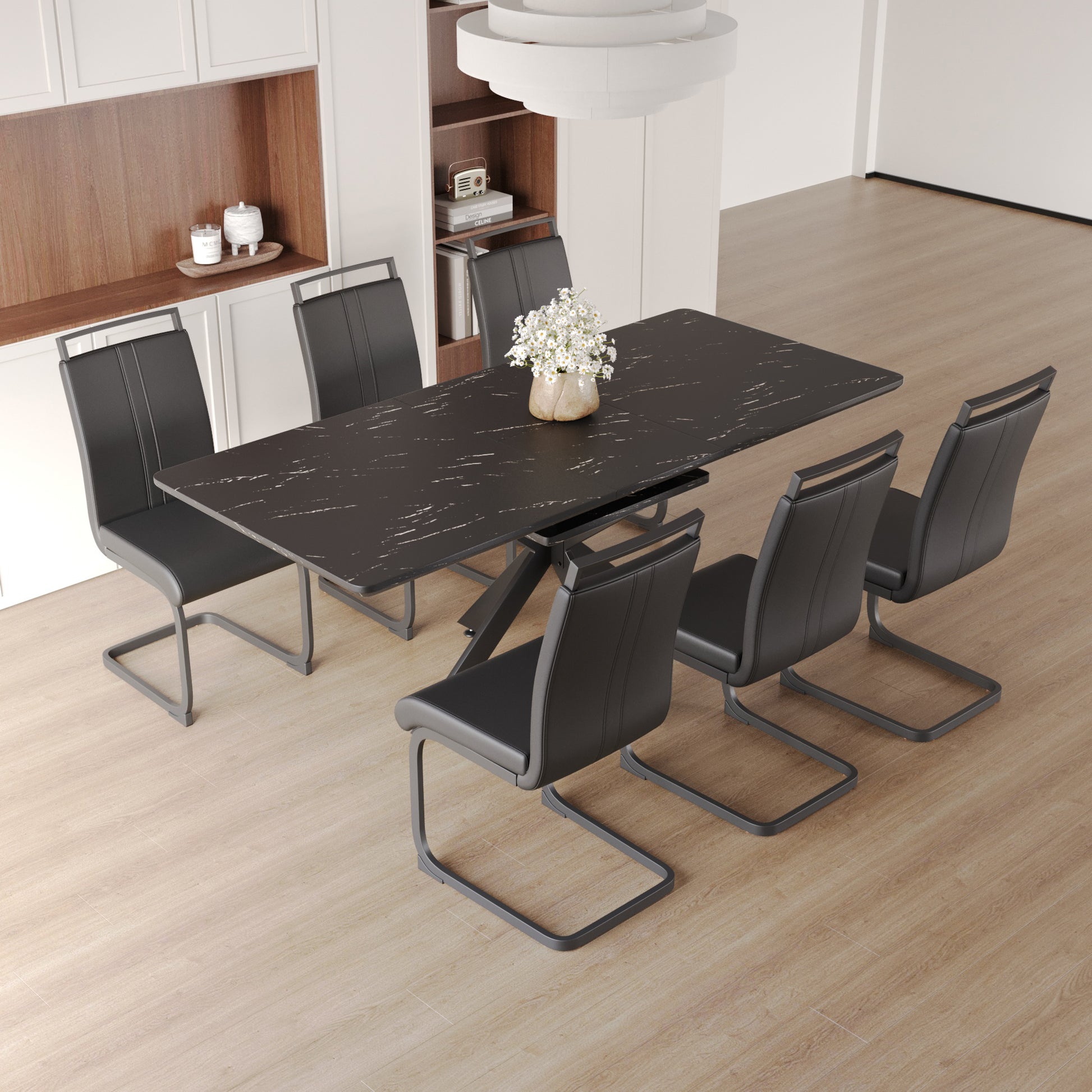 Extendable Dining Table Table Set For 6 8 Person For Dining Room,C Shaped Tube Soft Padded Armless Dining Chairs And Very Large Dining Room Table Kitchen Table Chair Set With Metal Legs Black Mdf Metal