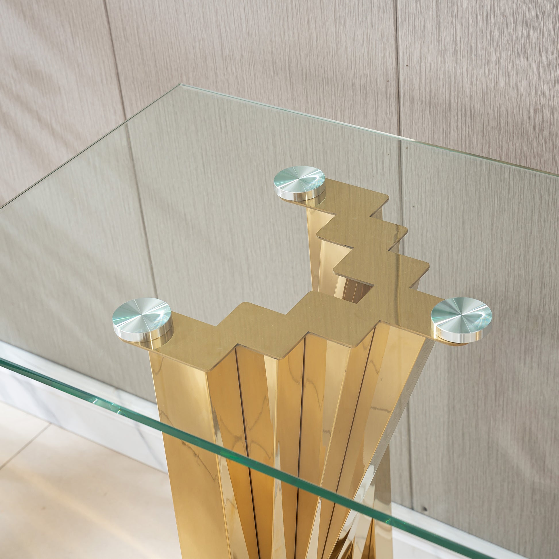 Tempered Glass Top Console Table With Gold Mirror Finish Stainless Steel Base Gold Tempered Glass