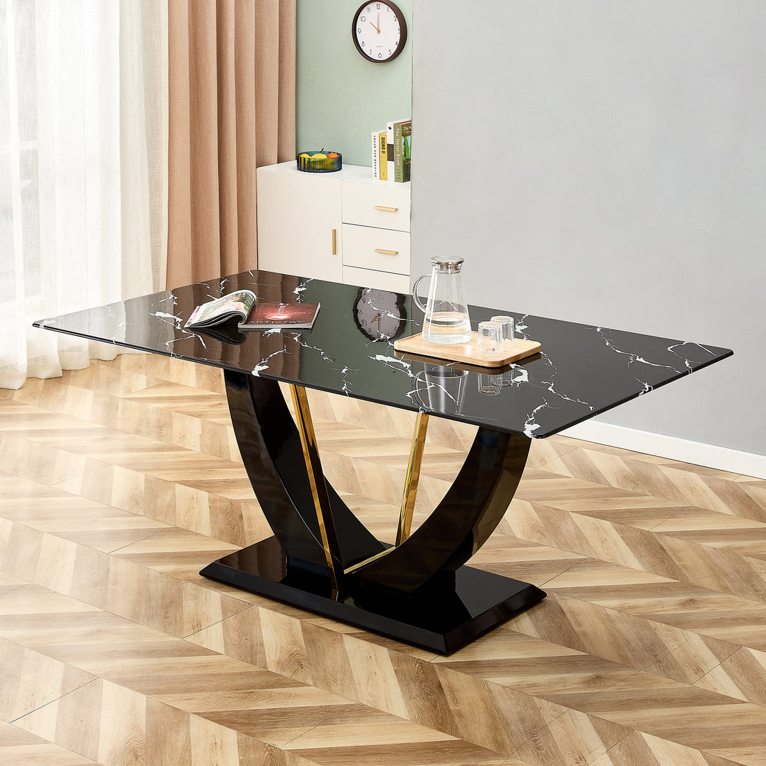 Modern Minimalist And Luxurious Black Imitation Marble Texture Dining Table Rectangular Office Desk.Game Desk .Desk.For Dining Room, Living Room, Terrace, Kitchen F 907 Black Mdf Glass