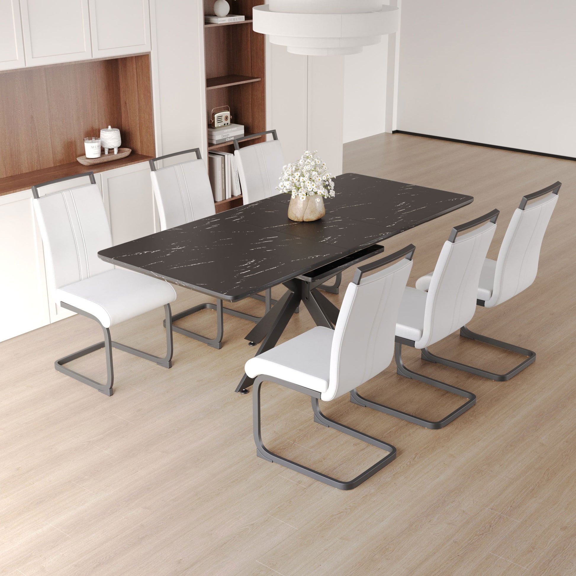 Extendable Dining Table Table Set For 6 8 Person For Dining Room,C Shaped Tube Soft Padded Armless Dining Chairs And Very Elarge Dining Room Table Kitchen Table Chair Set With Metal Legs Black White Mdf Metal