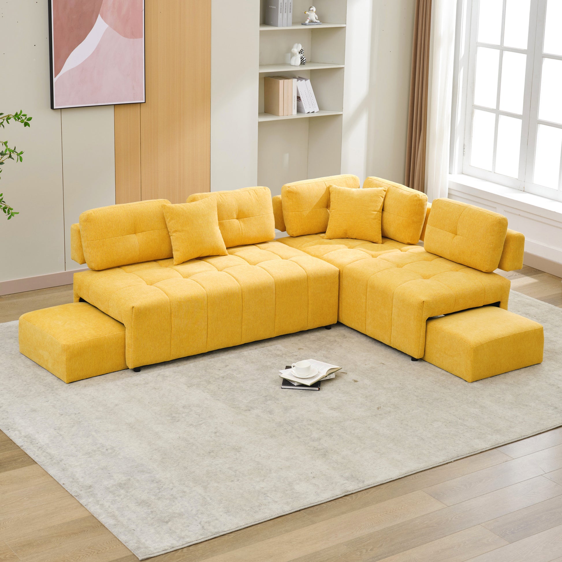 91.73" L Shaped Sofa Sectional Sofa Couch With 2 Stools And 2 Lumbar Pillows For Living Room, Yellow Yellow Chenille