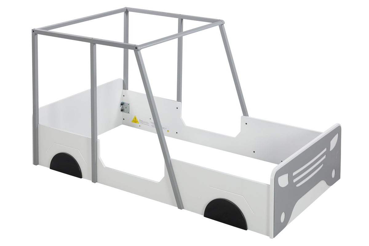 Twin Size Car Shaped Bed With Roof,Wooden Twin Floor Bed With Wheels And Door Design,Montessori Inspired Bedroom,Grey Twin Grey American Design Pine