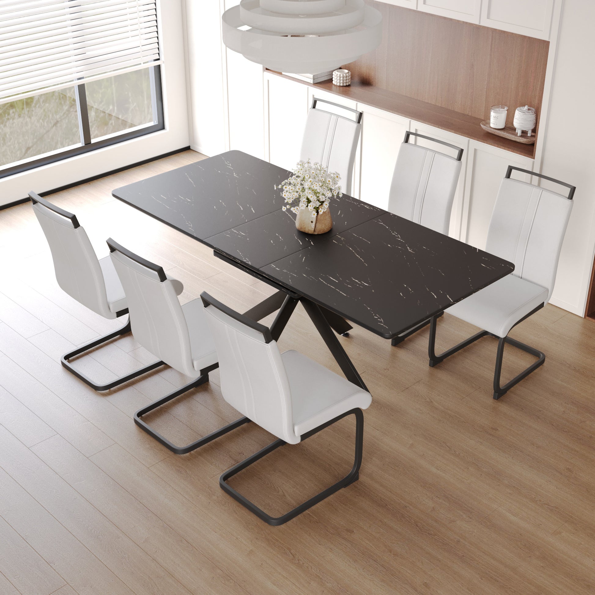 Extendable Dining Table Table Set For 6 8 Person For Dining Room,C Shaped Tube Soft Padded Armless Dining Chairs And Very Elarge Dining Room Table Kitchen Table Chair Set With Metal Legs Black White Mdf Metal