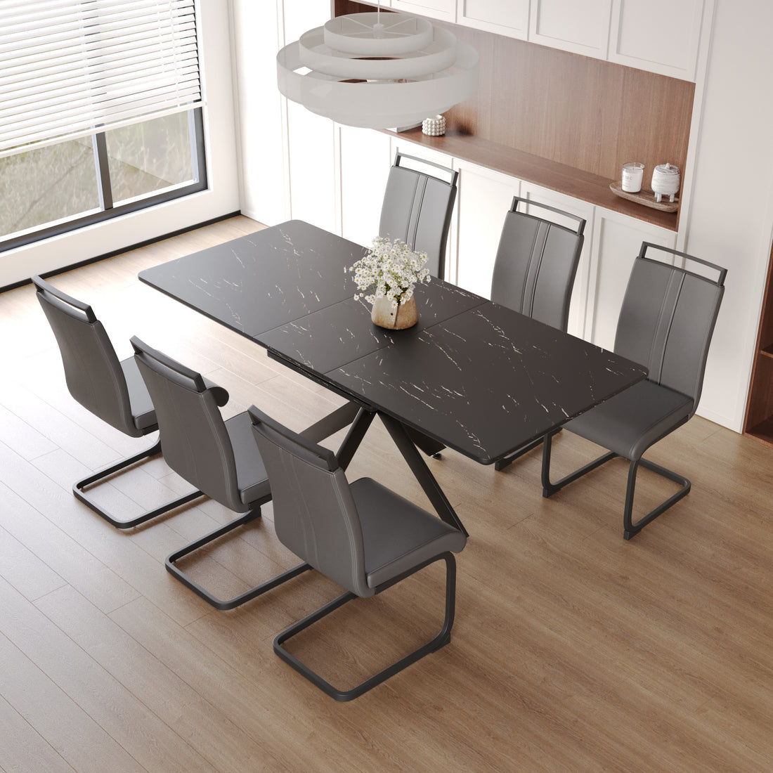 Extendable Dining Table Table Set For 6 8 Person For Dining Room,C Shaped Tube Soft Padded Armless Dining Chairs And Very Large Dining Room Table Kitchen Table Chair Set With Metal Legs Black Gray Mdf Metal