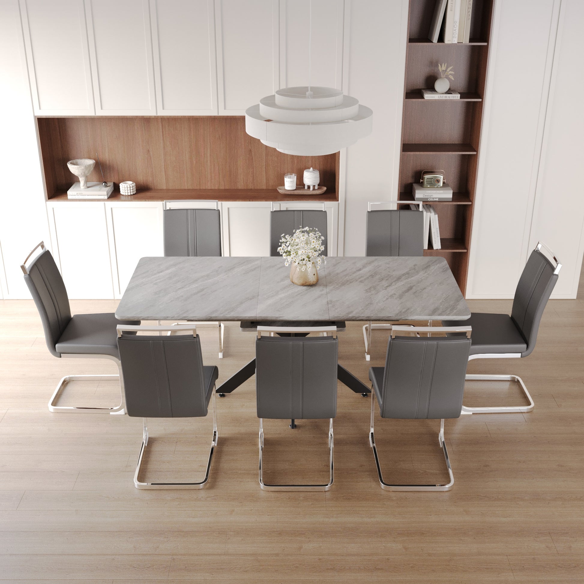 62.4" Extendable 78.15" Dining Table Set For 6 8 Person For Dining Room,C Shaped Tube Soft Padded Armless Dining Chair And Very Large Dining Room Table Kitchen Table Chair Set With Metal Legs Grey