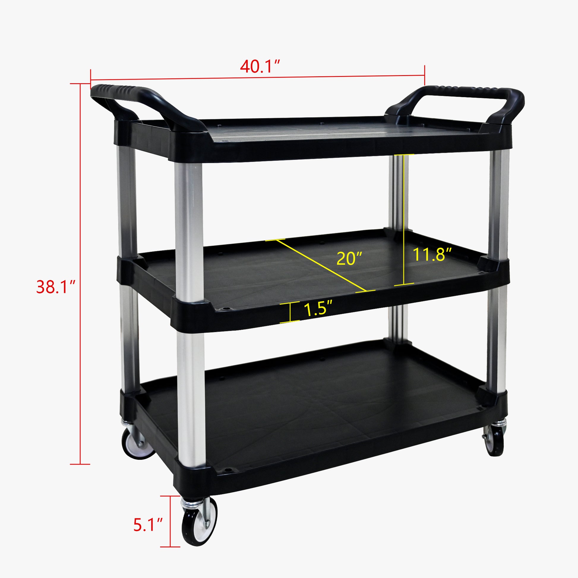 Three Layer Thickened Plastic Mobile Tool Cart Black Polypropylene