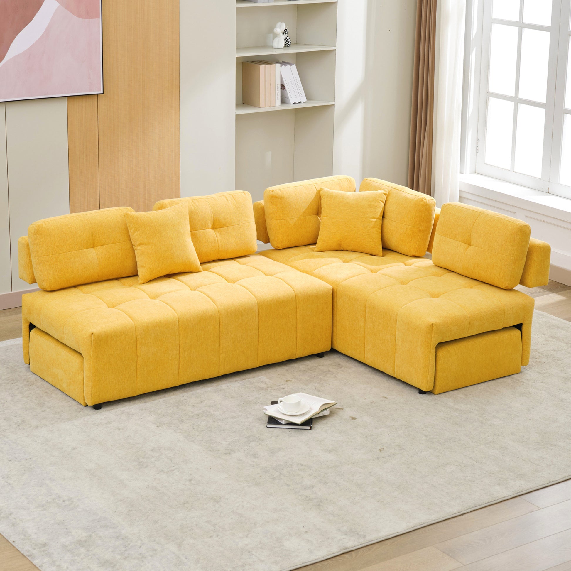 91.73" L Shaped Sofa Sectional Sofa Couch With 2 Stools And 2 Lumbar Pillows For Living Room, Yellow Yellow Chenille