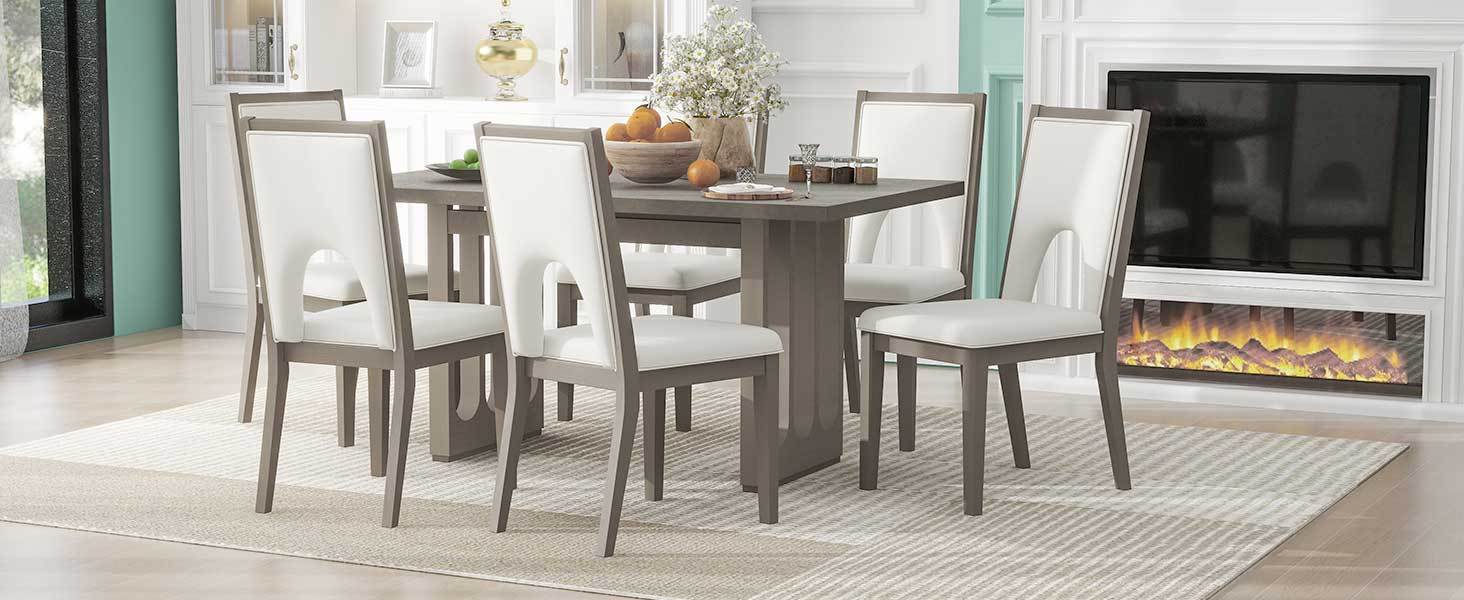 Wood Dining Table Set For 6, Farmhouse Rectangular Dining Table And 6 Upholstered Chairs Ideal For Dining Room, Kitchen Grey Beige Upholstered Chair Wood Grey Seats 6 Wood Dining Room Antique,Classic,Farmhouse Trestle Rectangular Dining Table With Chair