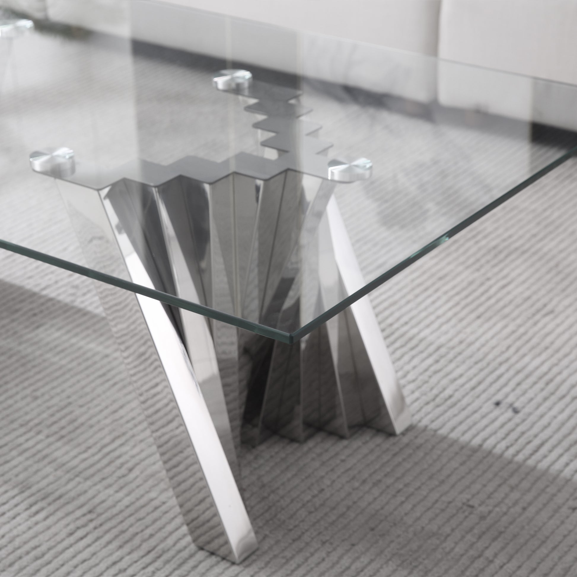 Tempered Glass Top Coffee Table With Silver Mirror Finish Stainless Steel Base Silver Tempered Glass