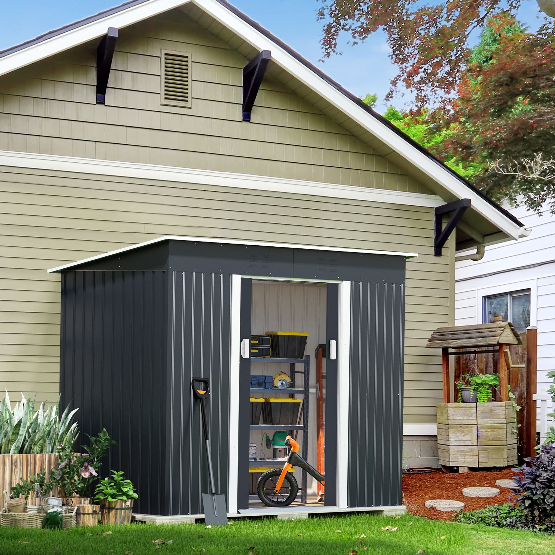 4.2 X 9.1 Ft Outdoor Storage Shed, Metal Tool Shed With Lockable Doors Vents, Utility Garden Shed For Patio Lawn Backyard, Dark Gray Dark Gray Metal