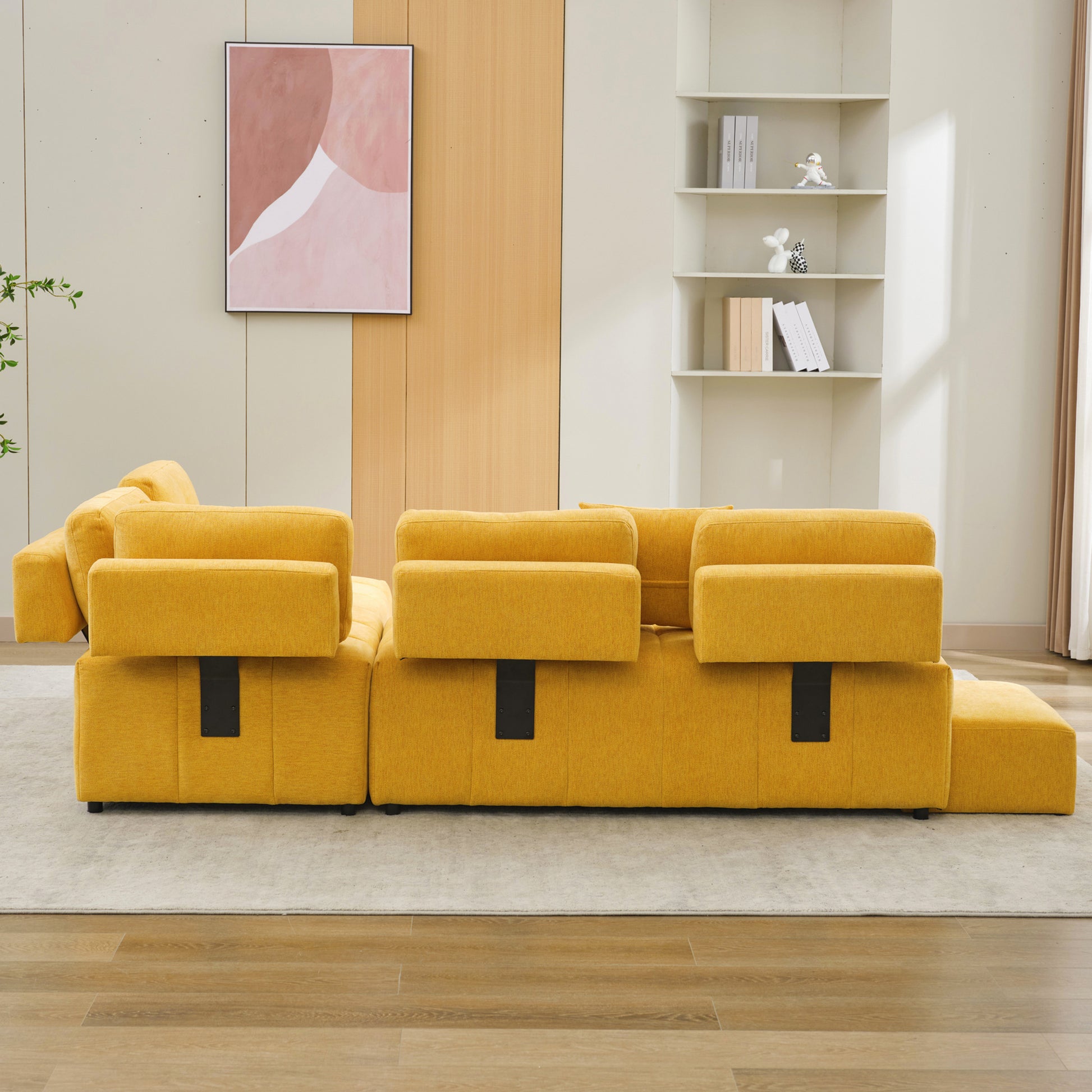 91.73" L Shaped Sofa Sectional Sofa Couch With 2 Stools And 2 Lumbar Pillows For Living Room, Yellow Yellow Chenille