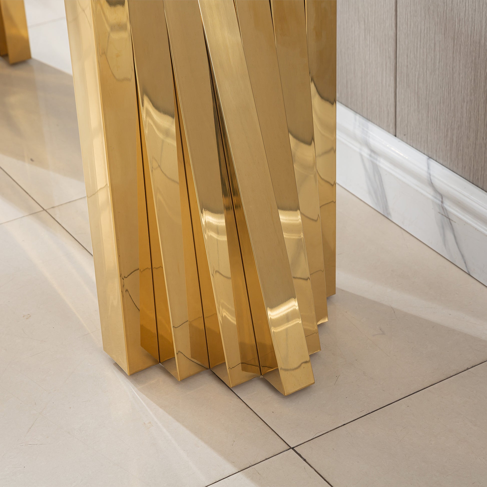 Tempered Glass Top Console Table With Gold Mirror Finish Stainless Steel Base Gold Tempered Glass