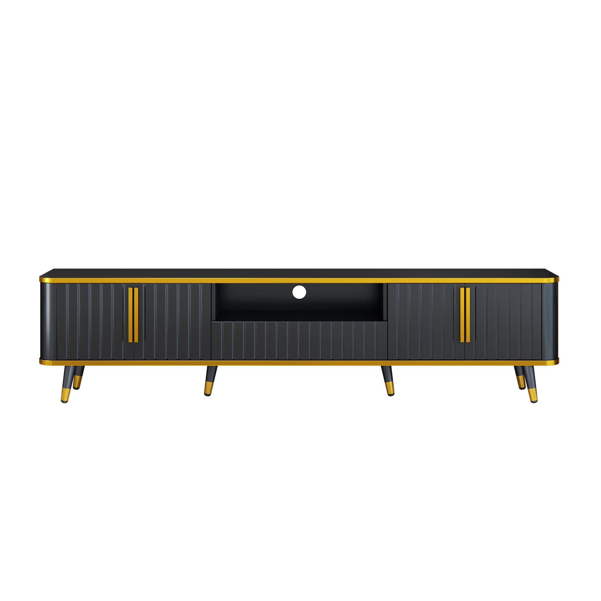 Luxury Minimalism Tv Stand With Open Storage Shelf For Tvs Up To 85", Entertainment Center With Cabinets And Drawers, Practical Media Console With Unique Legs For Living Room, Black Gold Black Primary Living Space 80 89 Inches 80 89 Inches 85 Inches