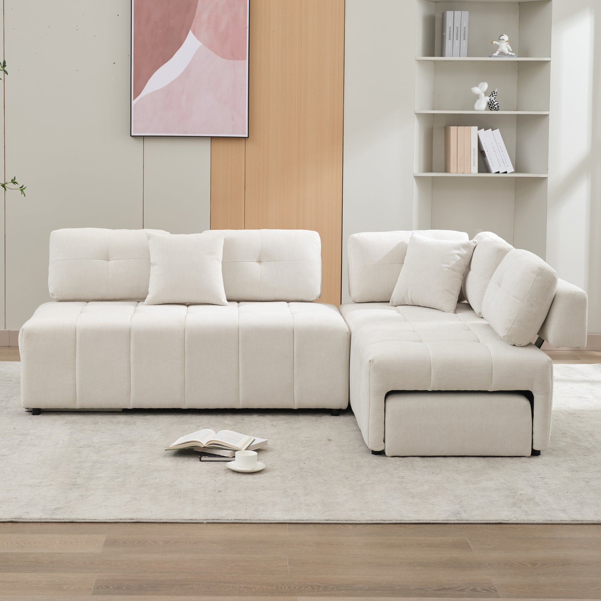 91.73" L Shaped Sofa Sectional Sofa Couch With 2 Stools And 2 Lumbar Pillows For Living Room, Biege Beige Chenille