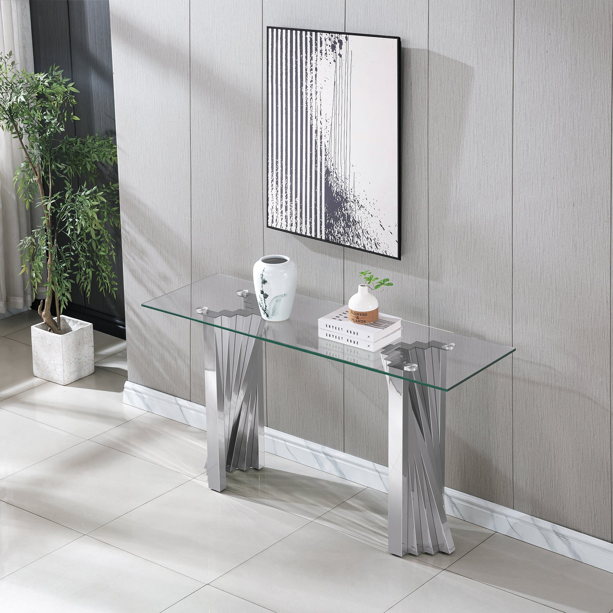 Tempered Glass Top Console Table With Silver Mirror Finish Stainless Steel Base Silver Tempered Glass