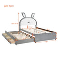 Full Size Upholstered Platform Bed With Trundle And 3 Drawers, Rabbit Shaped Headboard With Embedded Led Lights, Gray Gray Velvet